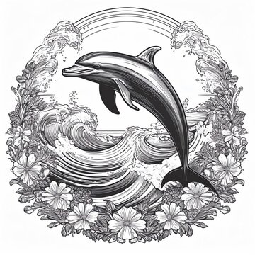 recommend clip art: Black and white line drawing of a dolphin jumping in the waves, surfer motif, button, t-shirt motif