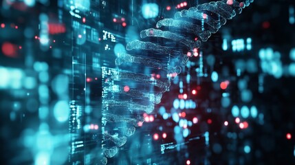 A luminous DNA strand spirals amidst glowing digital data, highlighting the fusion of biology and technology.