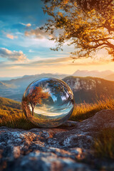 magic crystall ball over beutiful nature lanscape reflection in sphere of sunset in mountains