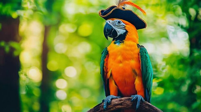 Cute pirate parrot on tree branch. Avian buccaneer on perch.