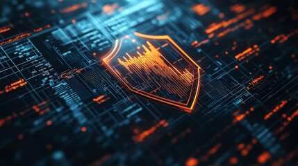 A digital shield icon on an electronic circuit background highlights security, technology, and data protection concepts.