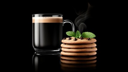 A tempting display of fresh chocolate chip cookies stacked beside a glass of coffee and garnished with mint leaves, all set against a sleek black background