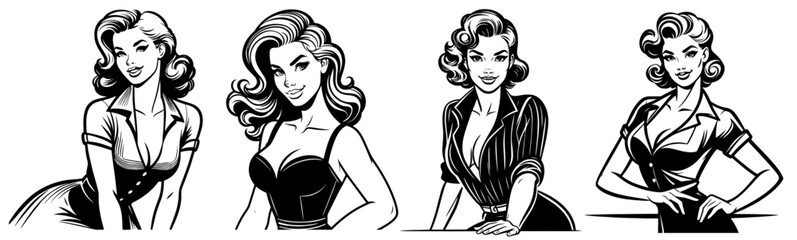 retro pin-up girl portrait set, hand-drawn black and white, vector illustration