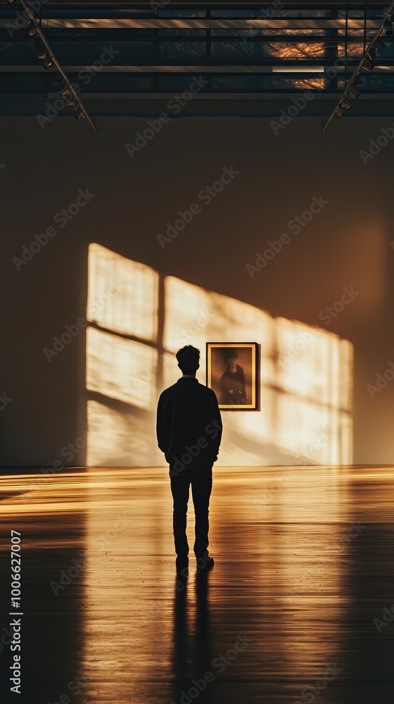 Poster a solitary figure stands in an art gallery, illuminated by soft light casting shadows, creating a se