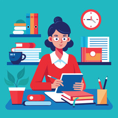 Teacher Sitting at a Desk, Grading Papers With a Red Pen, With a Cup of Coffee and a Stack of Books Nearby. Vector art Illustraion 