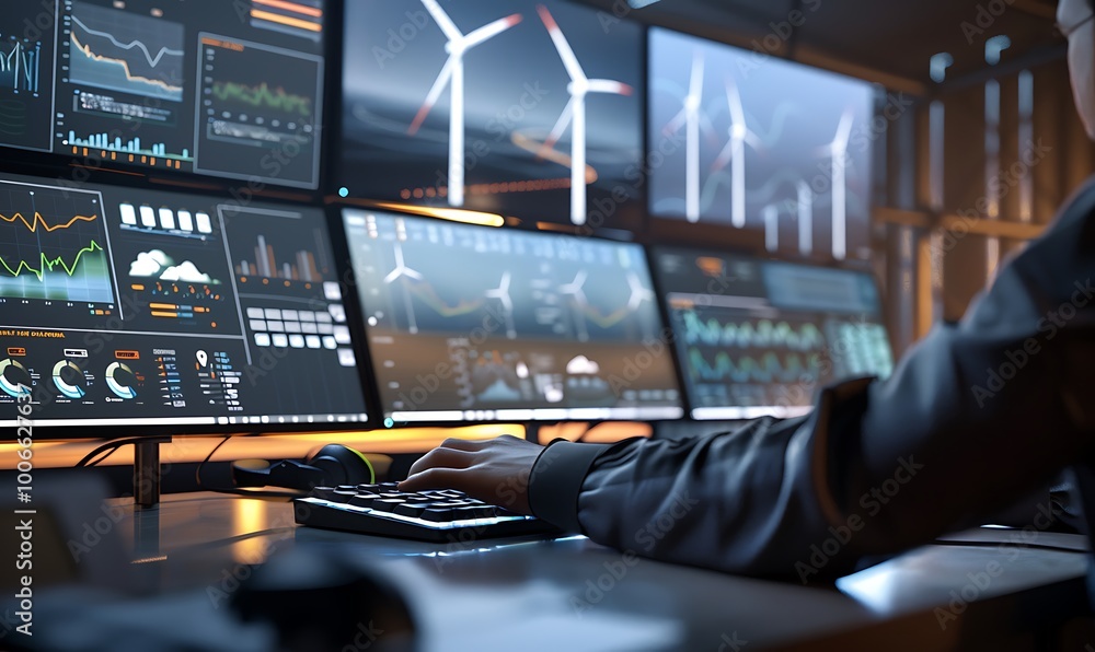 Poster engineer’s hand on keyboard amidst wind turbine data screens