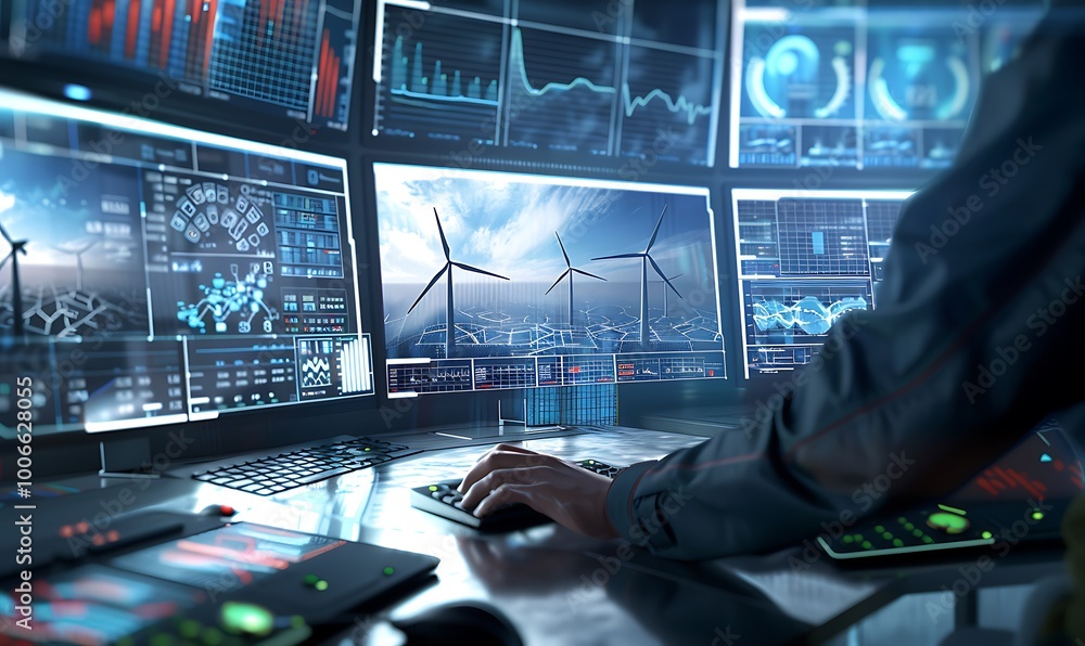 Poster engineer’s hand on keyboard amidst wind turbine data screens