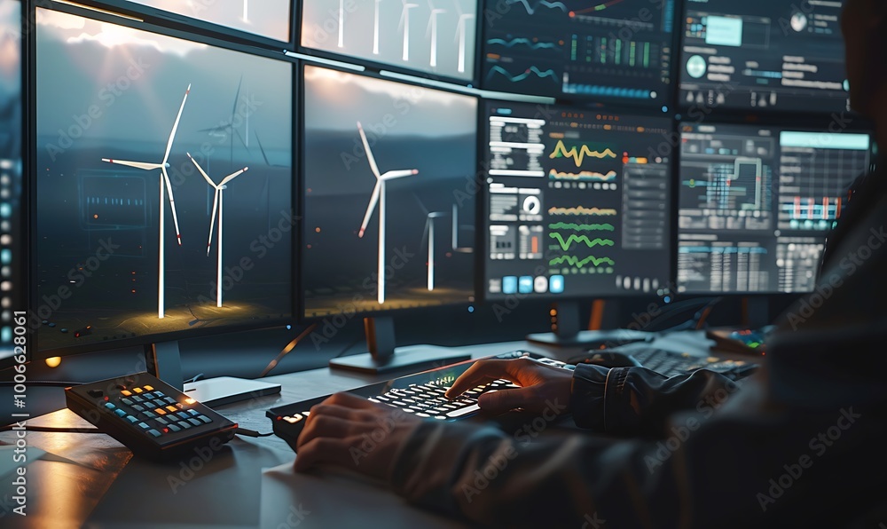 Poster engineer’s hand on keyboard amidst wind turbine data screens
