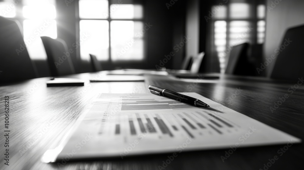 Poster document and pen on table in modern office setting