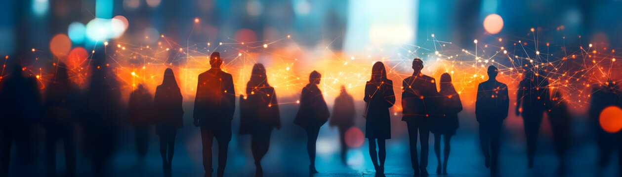 Abstract Digital Art of Silhouettes Connecting in a Business Network with Soft Bokeh Lights � Perfect for Advertising and Community Growth Visuals