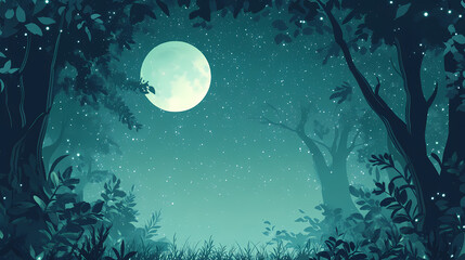 A moonlit forest under a deep green frame with a sparkling glitter background. generative ai. Moonlit Forest. Illustration
