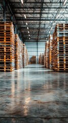 A spacious warehouse filled with stacks of wooden pallets, showcasing an organized storage environment for goods.