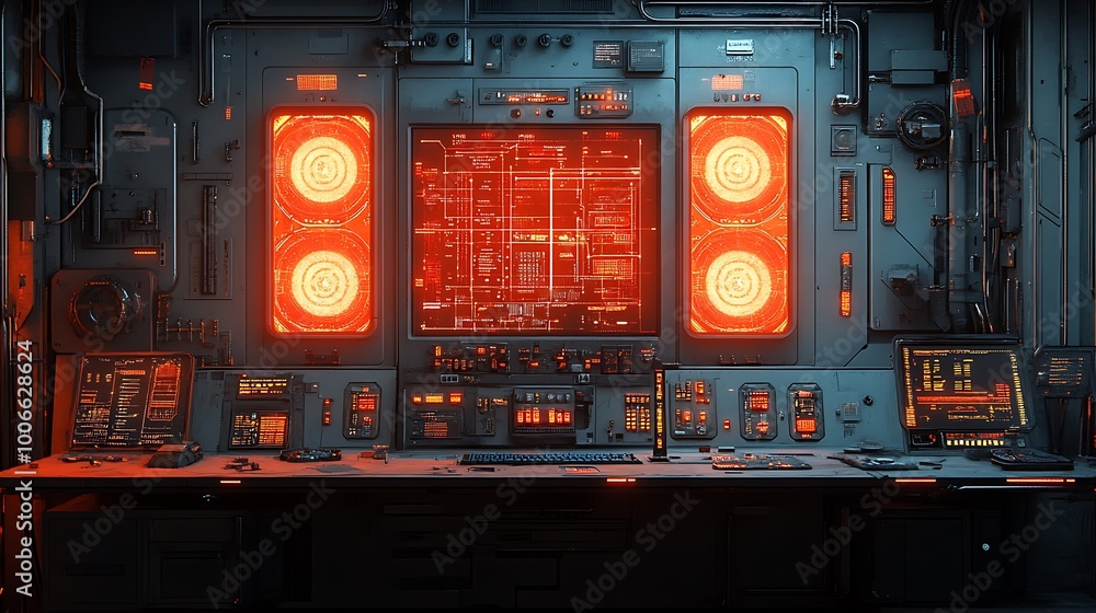 Poster futuristic sci fi control panel with red lights and circuit board