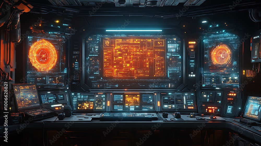 Aufkleber futuristic spaceship control panel with holographic displays and glowing buttons.