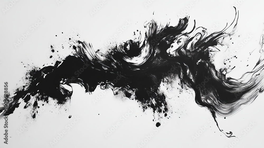 Poster abstract black ink splash with dynamic flow and movement on a clean white background in expressive m
