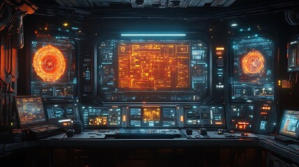 Obraz premium Futuristic spaceship control panel with holographic displays and glowing buttons.