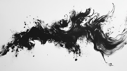 Abstract black ink splash with dynamic flow and movement on a clean white background in expressive modern art.