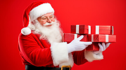 Naklejka premium Santa Claus with gifts on a red background