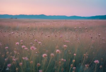 Naklejka premium Dried brown wildflowers or weeds in a field against a hazy, pastel-colored sky