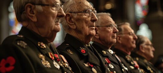 Fototapeta premium Veterans Reflecting During Remembrance Day Event with Medals and Poppies Adorning Their Uniforms