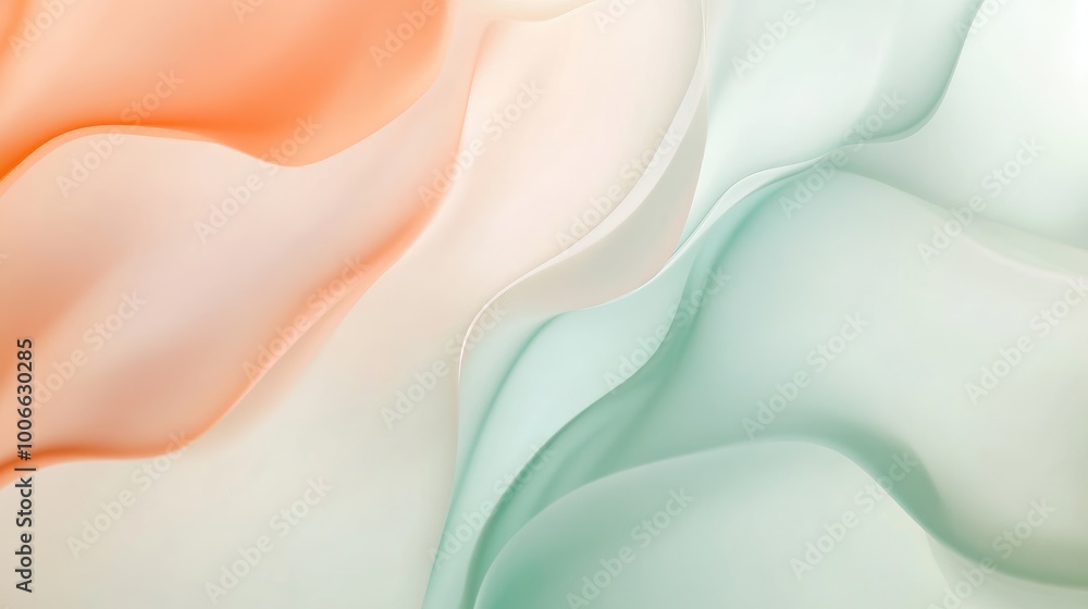 Poster a dynamic abstract background in mint and peach with gradient shapes and soft edges, perfect for add