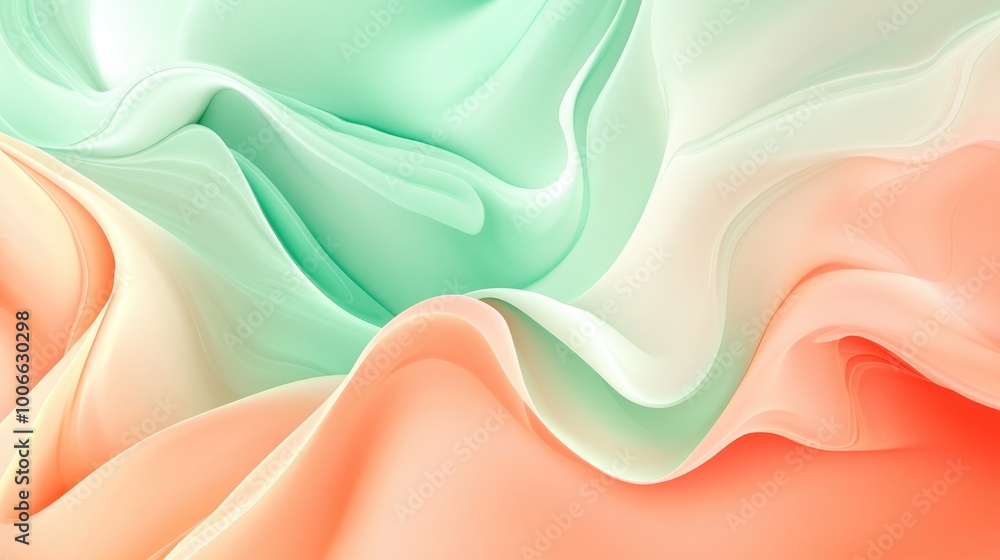 Poster a dynamic abstract background in mint and peach with gradient shapes and soft edges, perfect for add