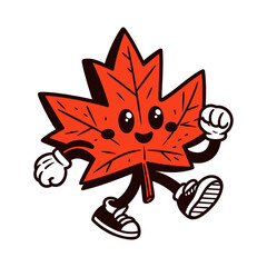 maple leaf walking retro mascot illustration