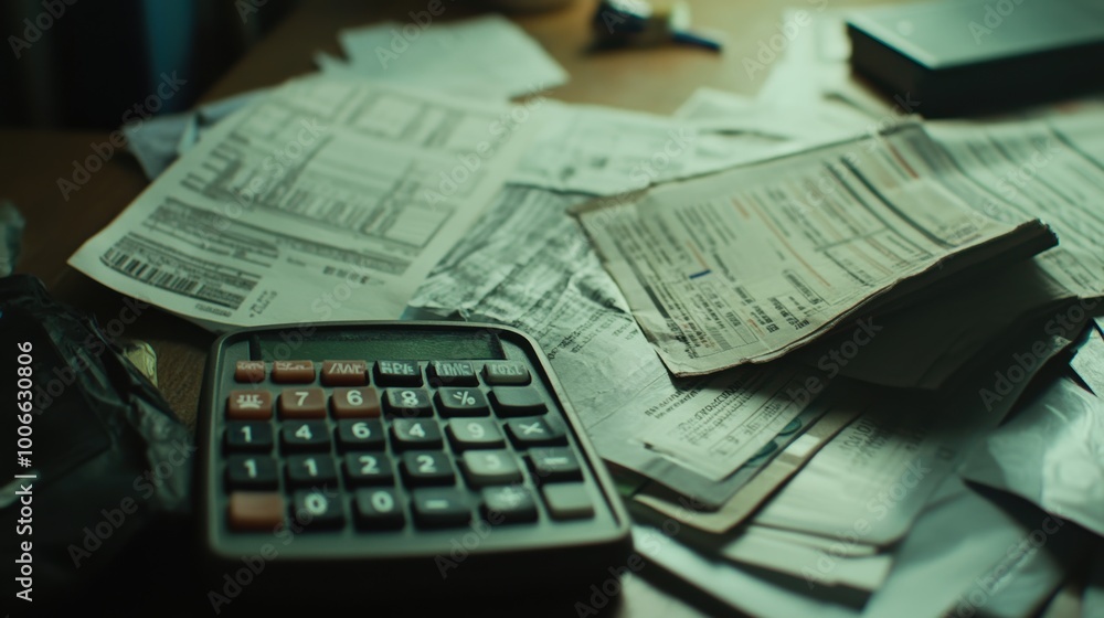 Poster accountant calculating costs using calculator sitting at desk