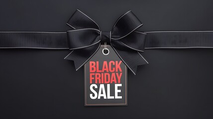 Decorative horizontal black ribbon with a bow and sale tag for a Black Friday sale design. The background can be dark but smooth to highlight the glossy black ribbon and the vibrant sale tag.