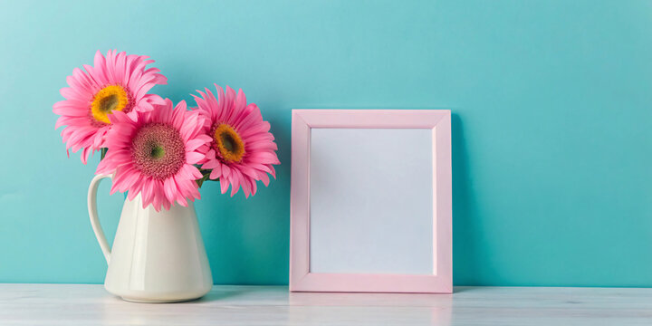 Interior design of living room with mock up photo frame on the shelf with beautiful sunflowers. Elegant personal accessories. No.006