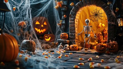 A playful Halloween cardboard backdrop with cobwebs, skeletons, and candy corn, perfect for creating a spooky yet fun setting for seasonal imagery.