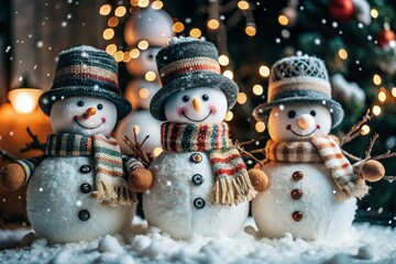 Winter. Happy New Year and Merry Christmas. Funny snowmen on a blurred background made of a beautiful side of colored lights. New Year's festive atmosphere.