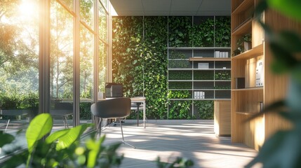 Contemporary office interior filled with natural light and abundant plant life, offering a calming and green working environment.