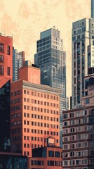 Naklejka premium A stunning view of modern buildings with a warm sunset glow, showcasing architectural diversity and city life.