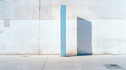tall blue column casts distinct shadow against textured white wall, creating minimalist and serene urban scene. simplicity evokes sense of calm and contemplation