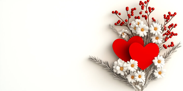 A white background with two red hearts and white flowers. The flowers are arranged in a way that they look like they are hugging each other. Concept of love and affection