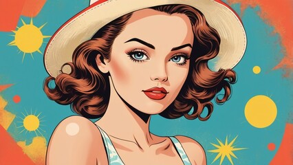 Vintage young lady poster. Vintage summer background