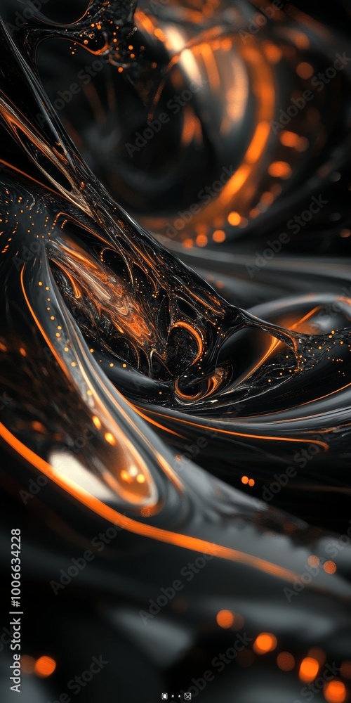 Poster a mesmerizing abstract image, featuring swirling patterns with orange and black hues, showcasing dyn