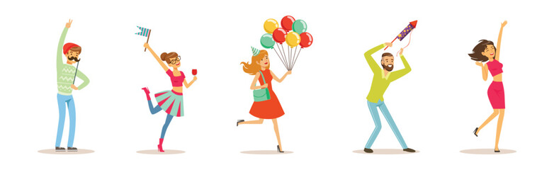 Happy People Character Celebrating Holiday and Festive Event Vector Set