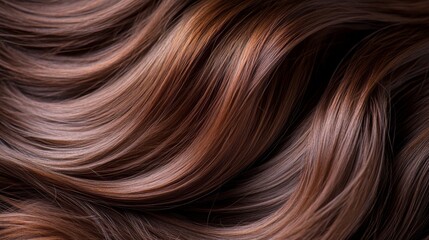Naklejka premium A three-quarter view showcases a sleek brunette hairstyle with loose curls. Soft lighting emphasizes the hair's texture and shine, creating an elegant look