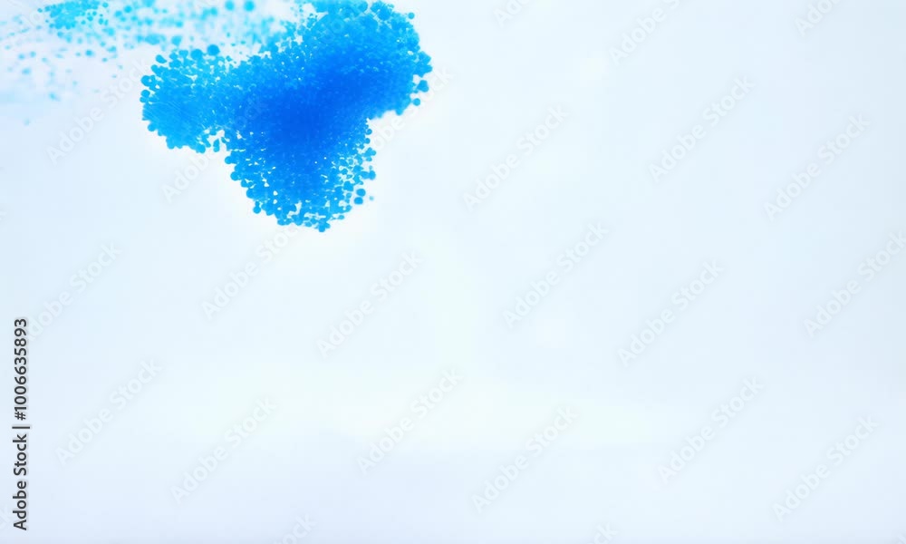 Poster a burst of blue particles against a white background, creating a dynamic and abstract composition.