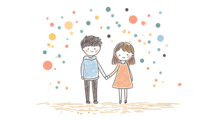 Couple standing together lovingly against colorful polka dot background with copy space