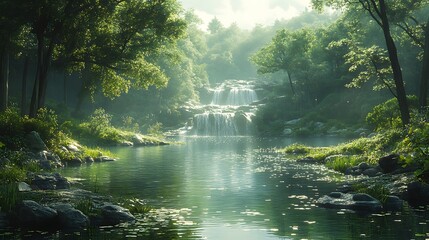 Obraz premium Tranquil waterfall flowing into a serene forest river with lush greenery and sunlight shining through trees