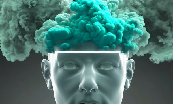 A human head with a split open skull, releasing green smoke, symbolizing mental release or a burst of creativity.