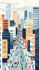 A vibrant city scene showcasing modern architecture and bustling streets filled with people and transportation.
