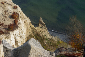 Aerial view from the chalk cliffs of Møns Klint in autumn.	