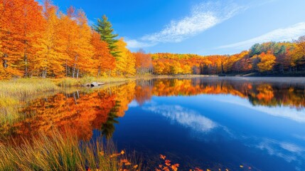 Obraz premium Serene Lake Surrounded by Autumn Colors