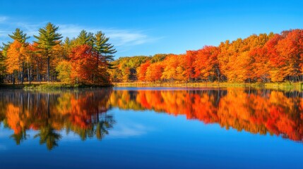 Fototapeta premium Serene Autumn Lake Surrounded by Colorful Trees