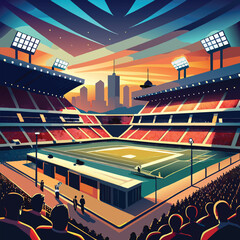 Vector of a Football Stadium at Night, With the Floodlights on and Fans Cheering in the Stands. Vector art Illustraion 