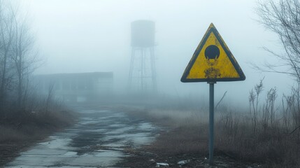 A dilapidated building and water tower loom in thick fog, with a warning sign suggesting danger or abandonment.